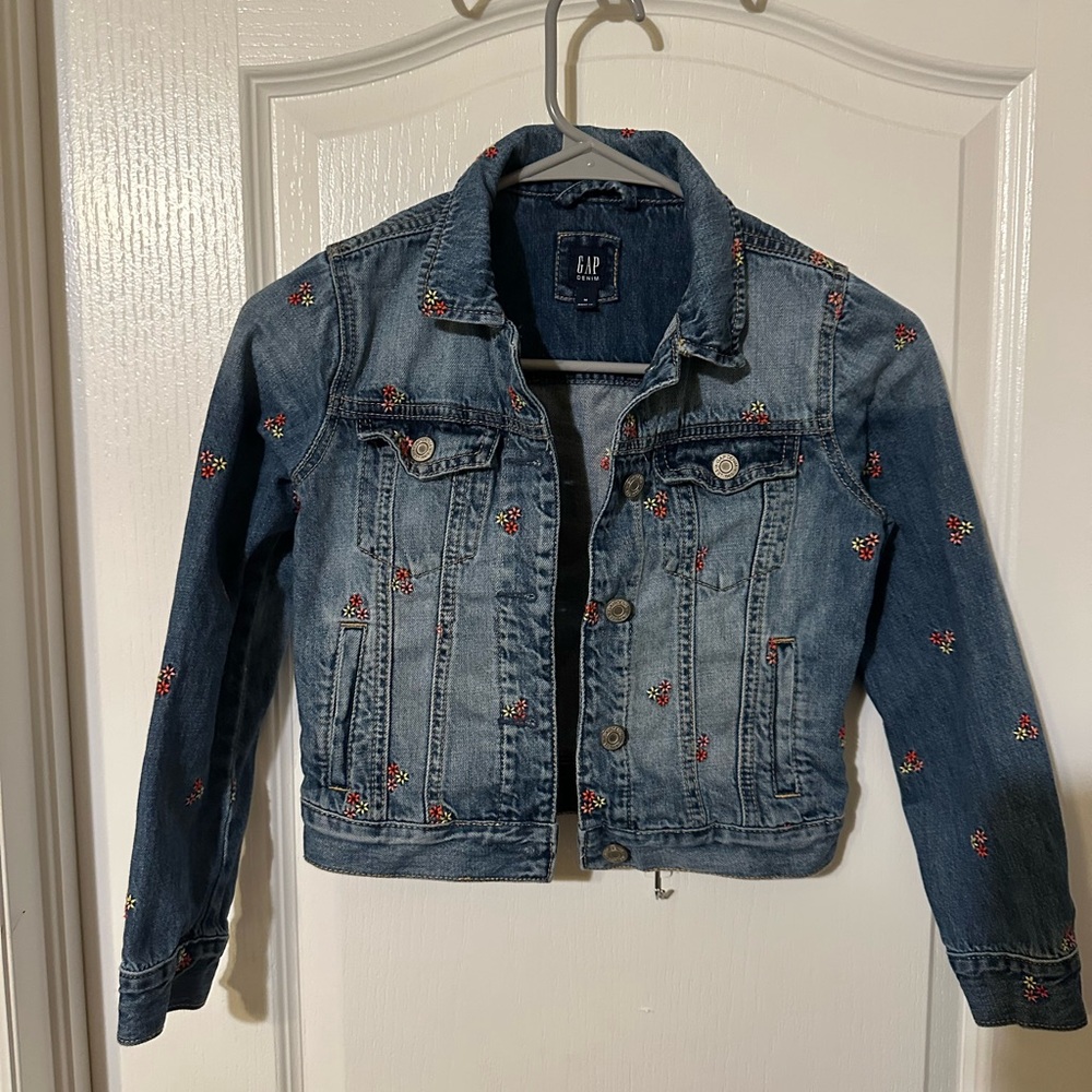 GAP Kids Light Blue Denim Jacket with Red Floral Accents